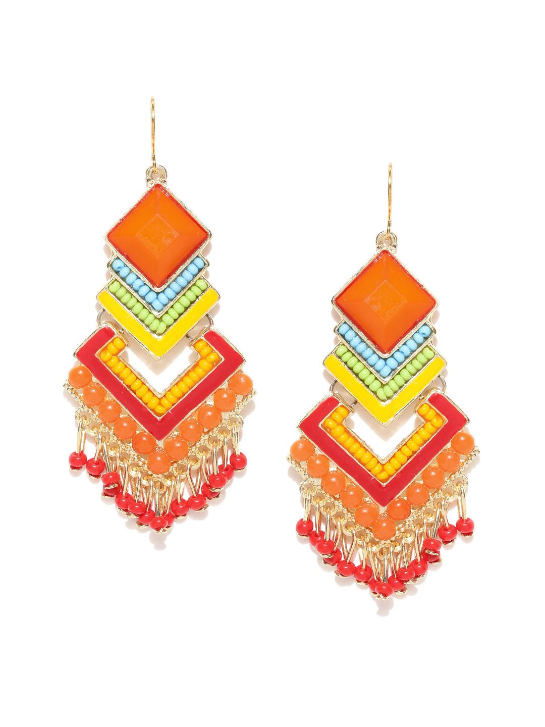 Crunchy Fashion Orange & Red Beaded Geometric Drop Earrings Price in India