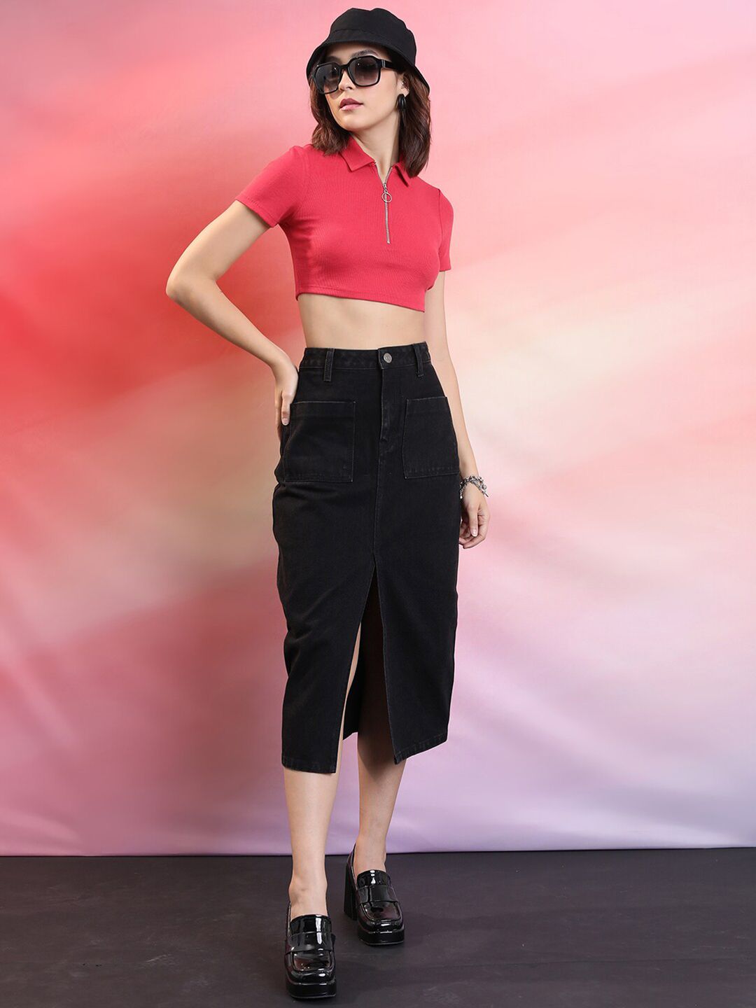 Buy KETCH Shirt Collar Ribbed Half Zipper Fitted Crop Top - Tops