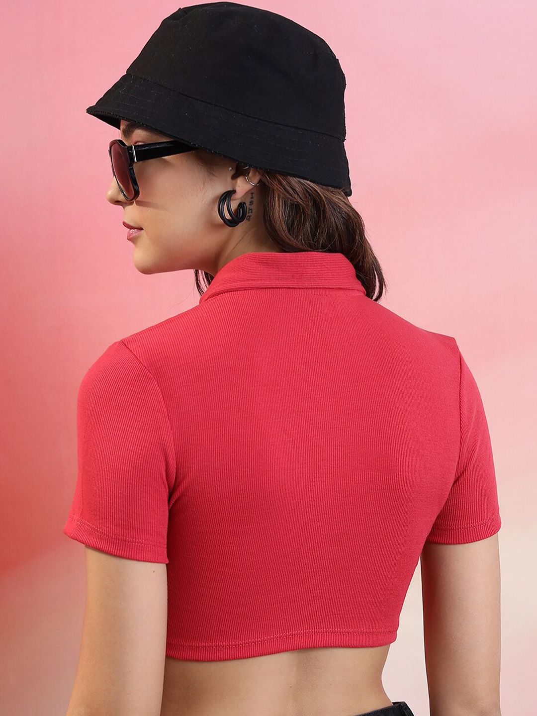 Buy KETCH Shirt Collar Ribbed Half Zipper Fitted Crop Top - Tops