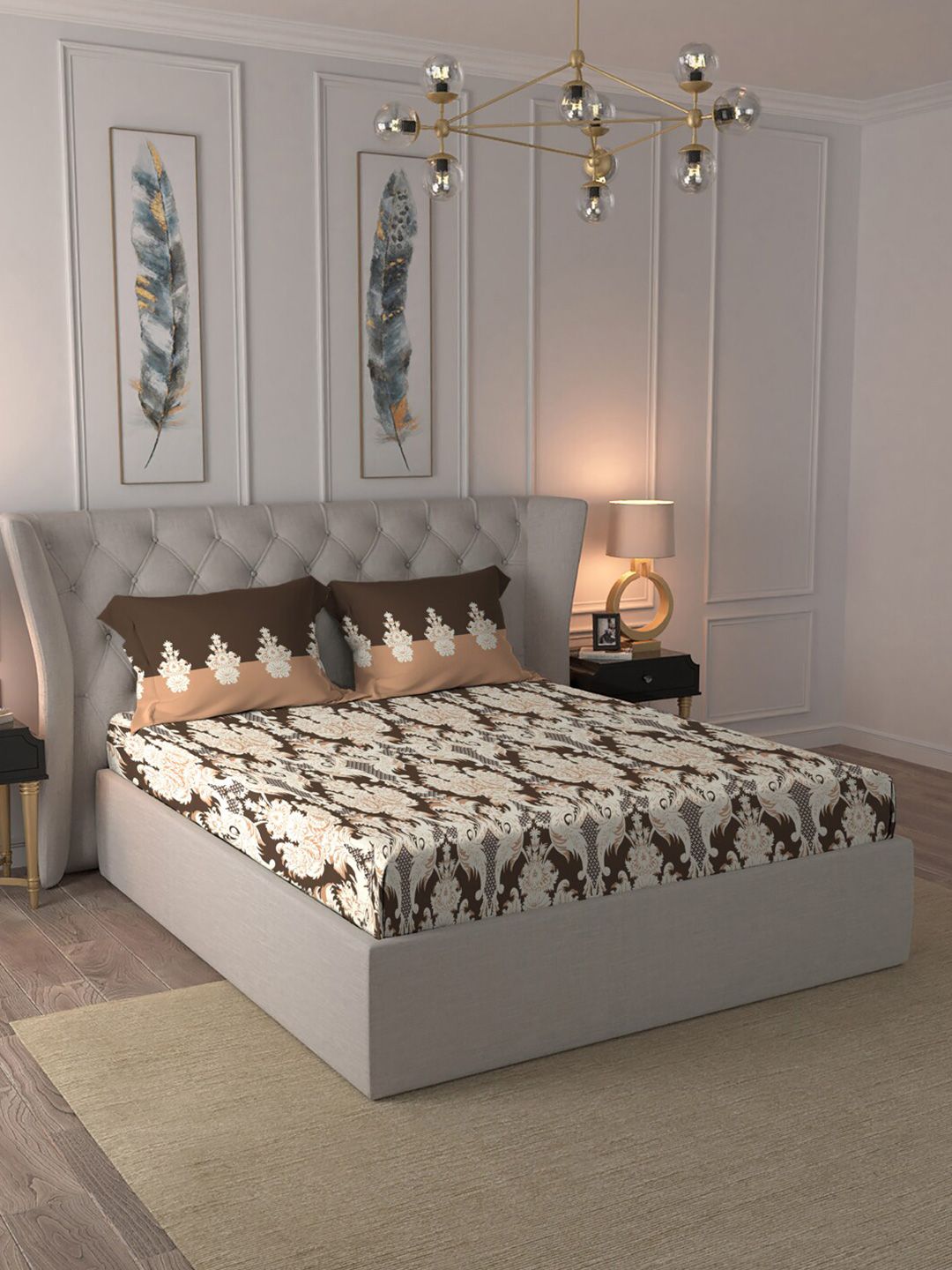 MYTRIDENT Trident Brown Ethnic Motifs Pure Cotton 144 TC Queen Bedsheet with 2 Pillow Covers-100 x 90 inches