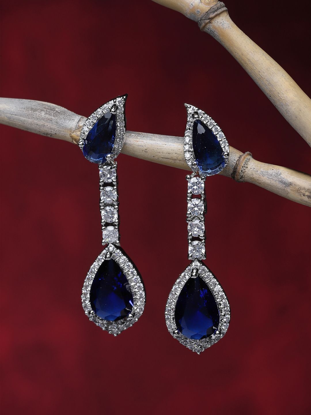 ZENEME Rhodium-Plated Navy Blue American Diamond Studded Drop Earrings