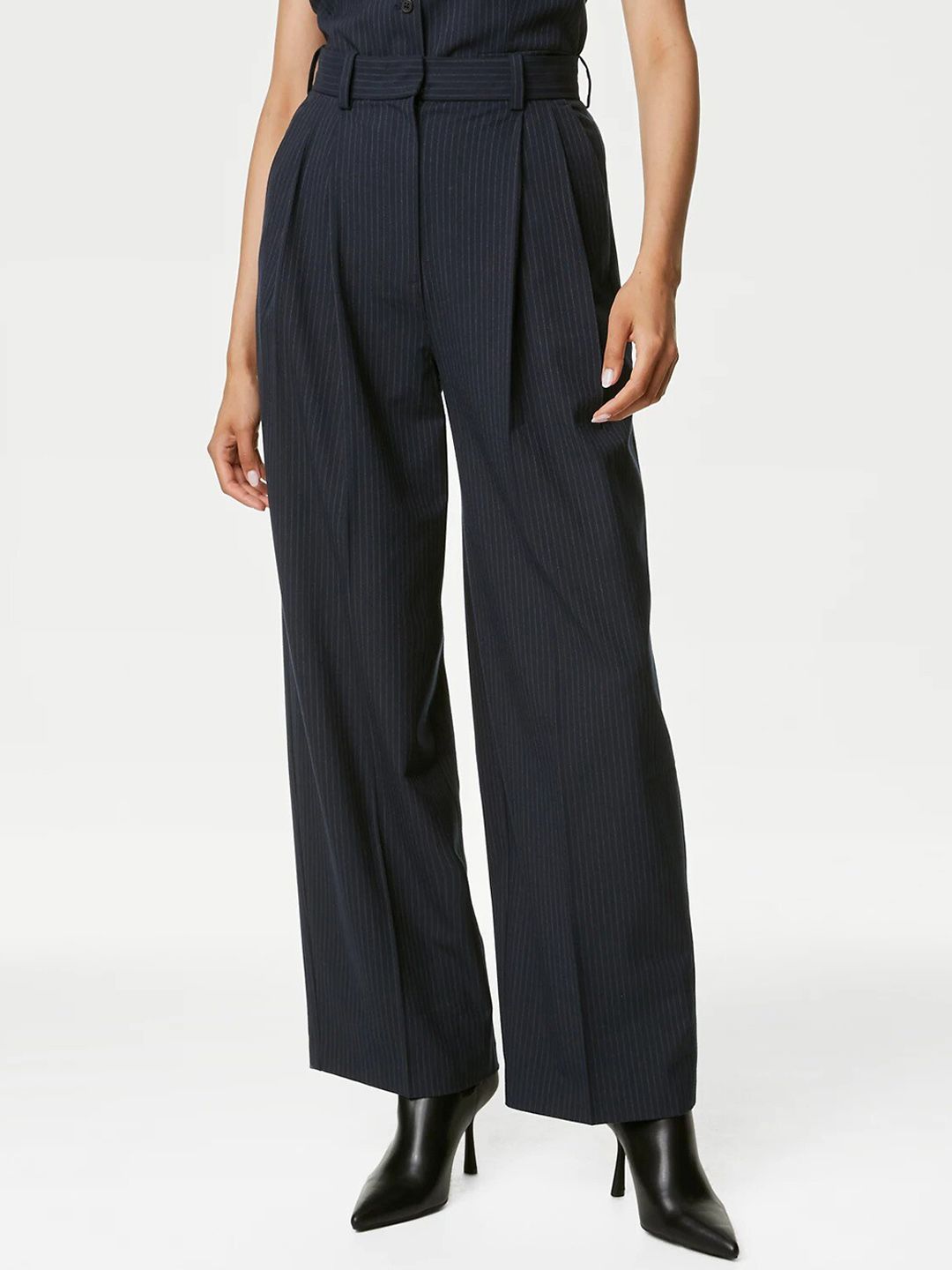 Marks & Spencer Women Striped Pleated High-Rise Formal Trousers Price in India