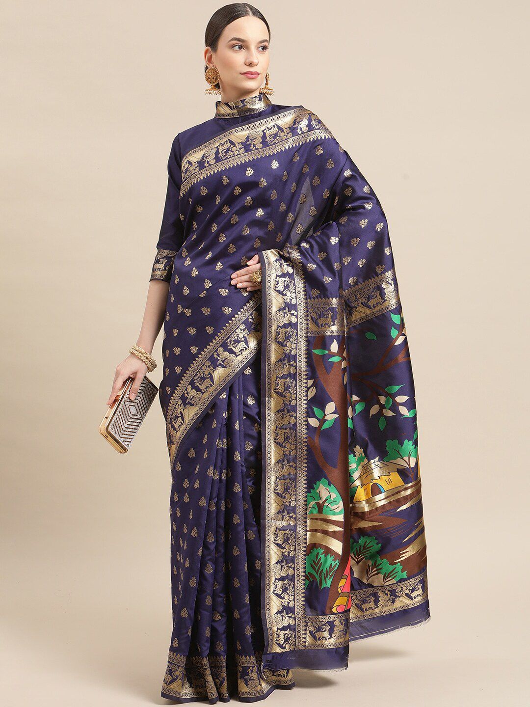 Mitera Blue & Gold-Toned Woven Design Zari Art Silk Banarasi Saree Price in India