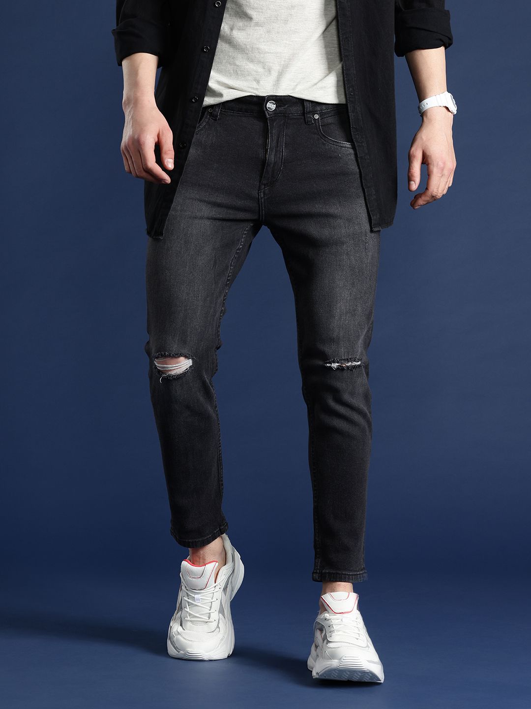 Mast & Harbour Men Slim Tapered Fit Slash Knee Light Fade Stretchable Jeans