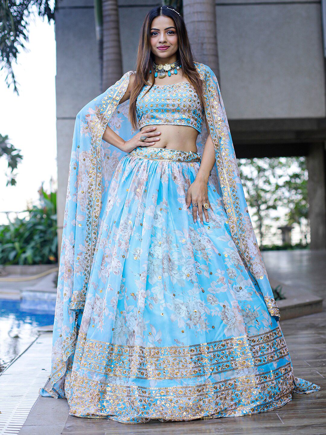 Zeel Clothing Floral Print Semi-Stitched Organza Lehenga & Unstitched Blouse With Dupatta