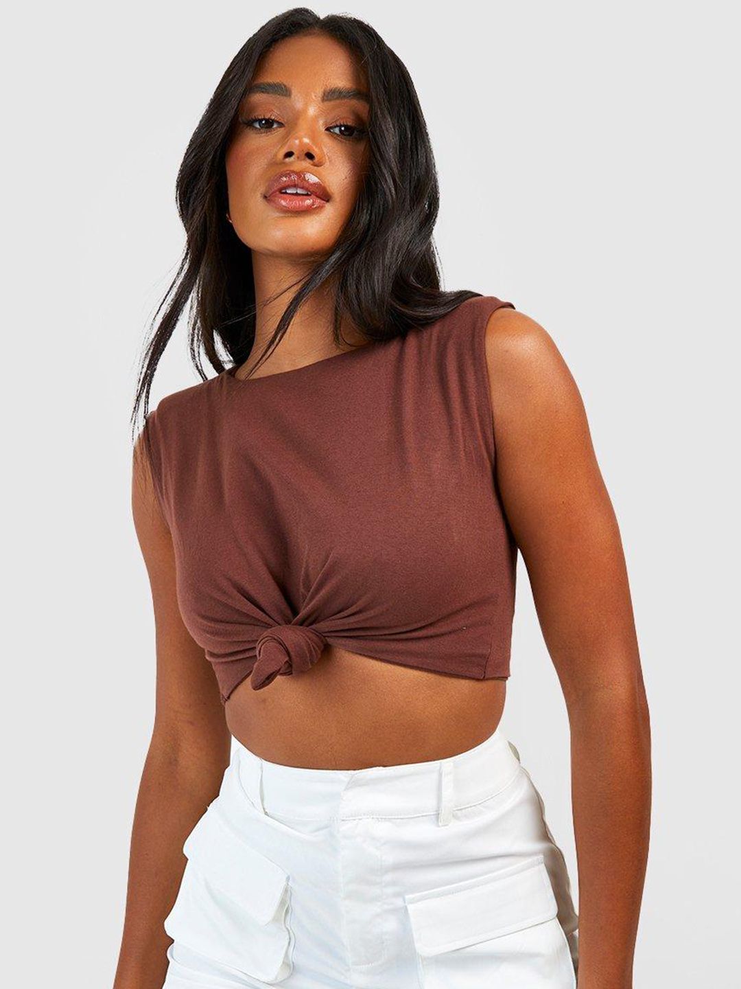 Boohoo Twisted Cotton Crop Sleeveless Top Price in India
