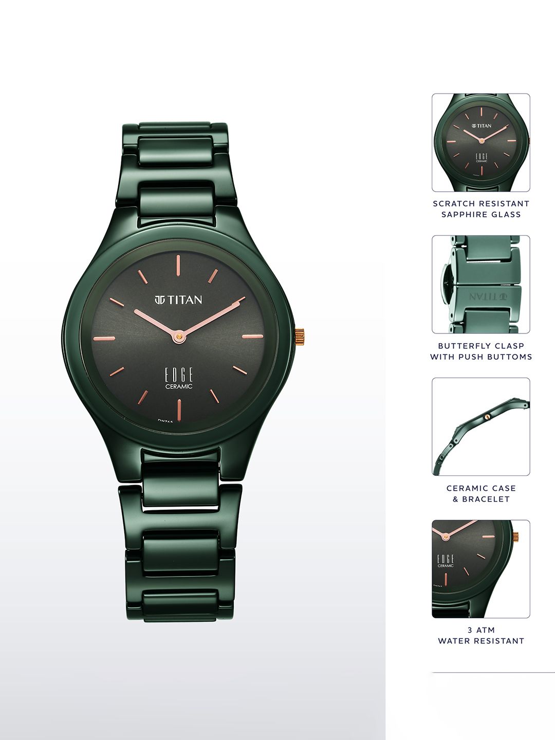 Edge Ceramic Quartz Analog With Green Dial Watch For - Nt2653qc06