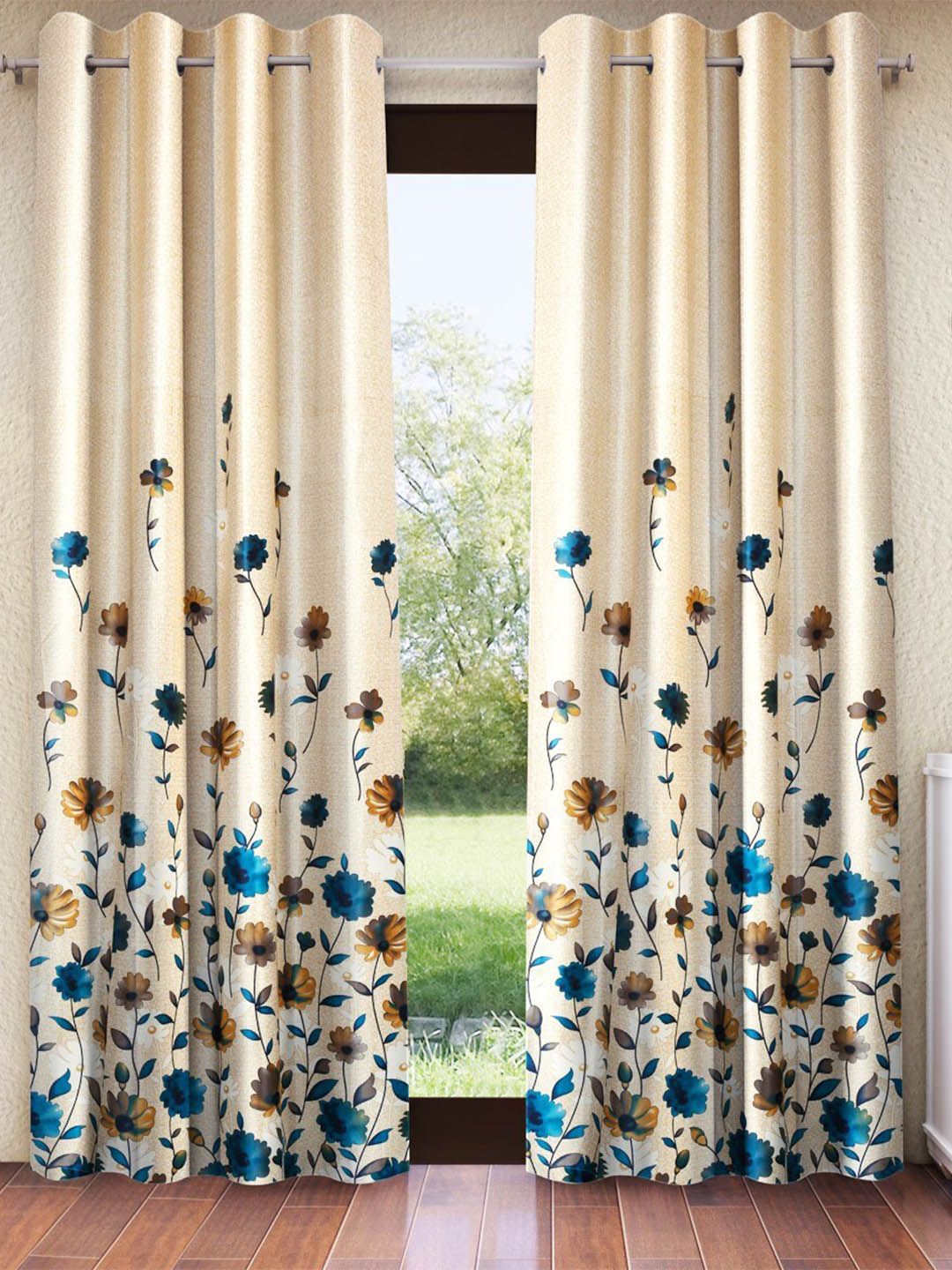 Home Sizzler Cream-Coloured & Blue 2 Pieces Floral Printed Room Darkening Door Curtains