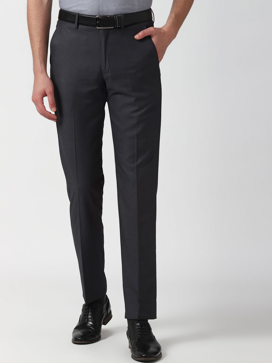 Peter England Elite Men Charcoal Grey Slim Fit Solid Formal Trousers