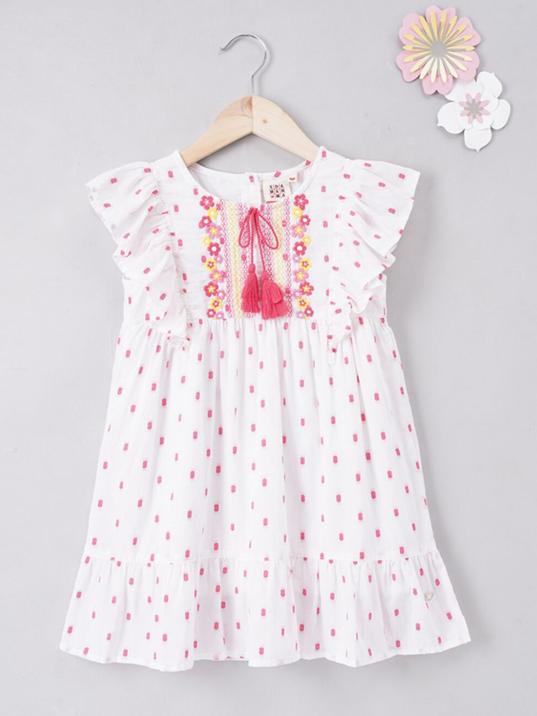 Ed-a-Mamma Girls Floral Embroiered Tie-Up Neck Flutter Sleeve Pure Cotton Empire Dress