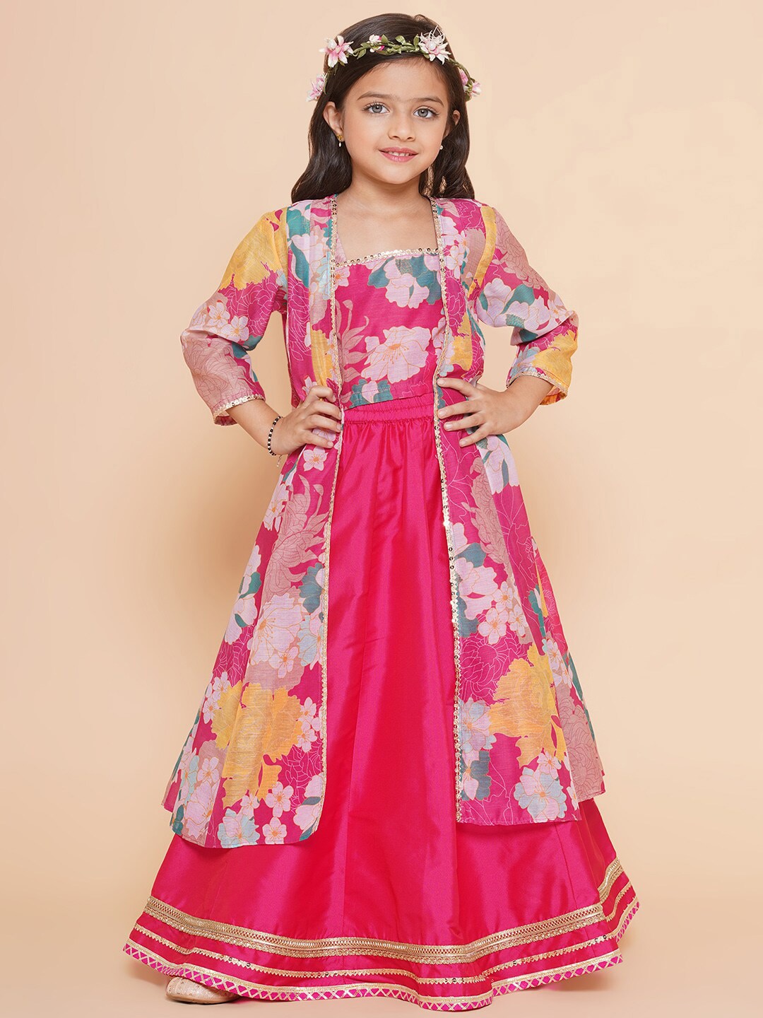 Bitiya by Bhama Girls Floral Printed Ready to Wear Lehenga & Blouse With Shrug Price in India