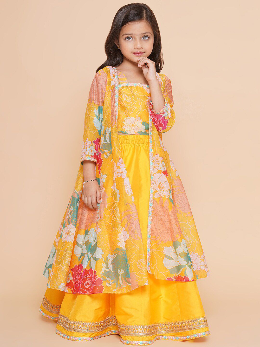 Bitiya by Bhama Girls Floral Printed Ready to Wear Lehenga & Blouse With Shrug