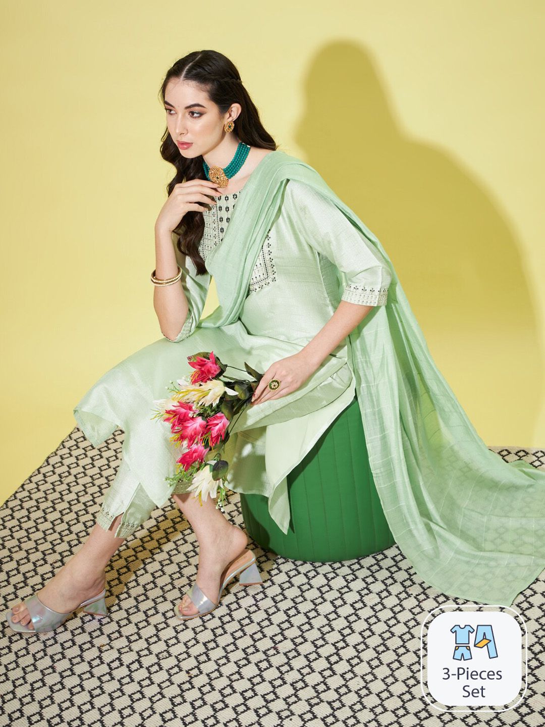 PPTOSS Floral Yoke Embroidered Regular Thread Work Kurta with Trousers & Dupatta Price in India