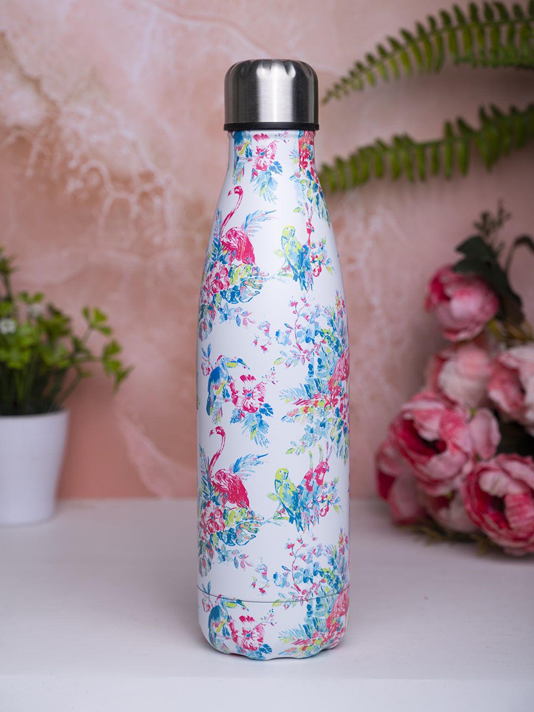 MARKET99 White Floral Stainless Steel Spill Proof Flask - 400ml