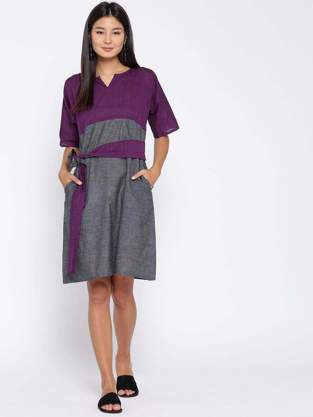 grey and purple combination dress Buy ANAN Women & Charcoal Colourblocked A-Line - Ethnic Dresses for Women 2482533 midriff baring