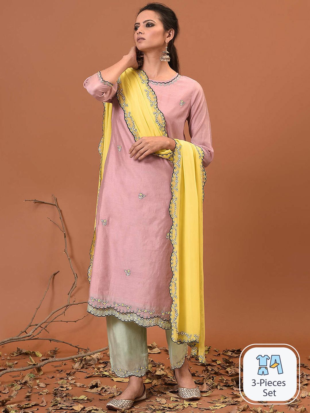 NUHH Floral Embroidered Thread Work Kurta With Trousers & Dupatta Price in India