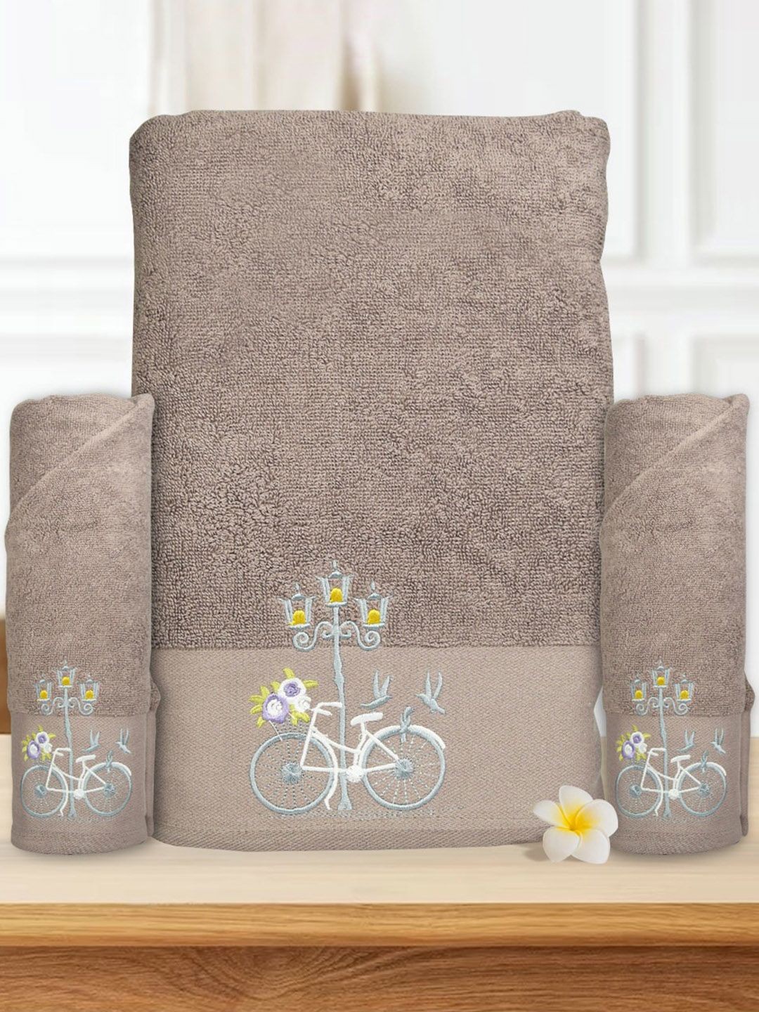 RANGOLI 3 Pcs Grey Melange Self Design 550 GSM Pure Cotton Anti-Bacterial Towel Set