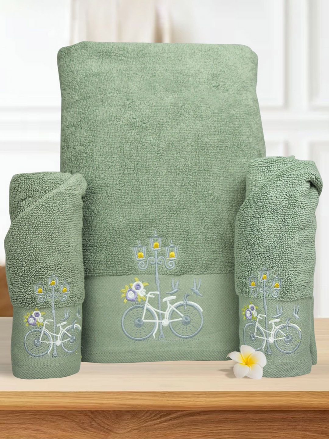 RANGOLI 3 Pcs Green 550 GSM Pure Cotton Anti-Bacterial Towel Set