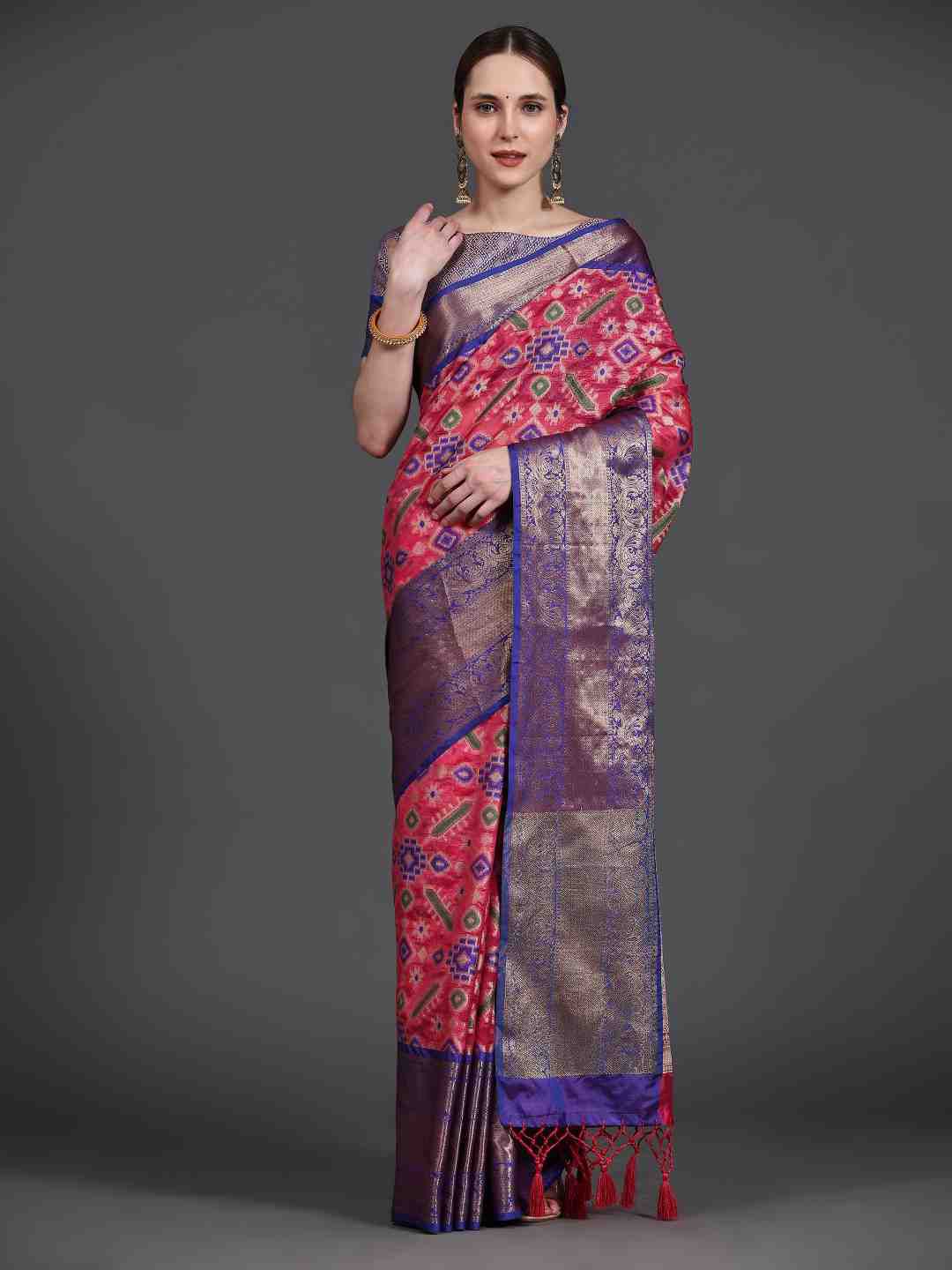 JUST FASHION Pink & Blue Woven Design Zari Art Silk Ikat Saree Price in India