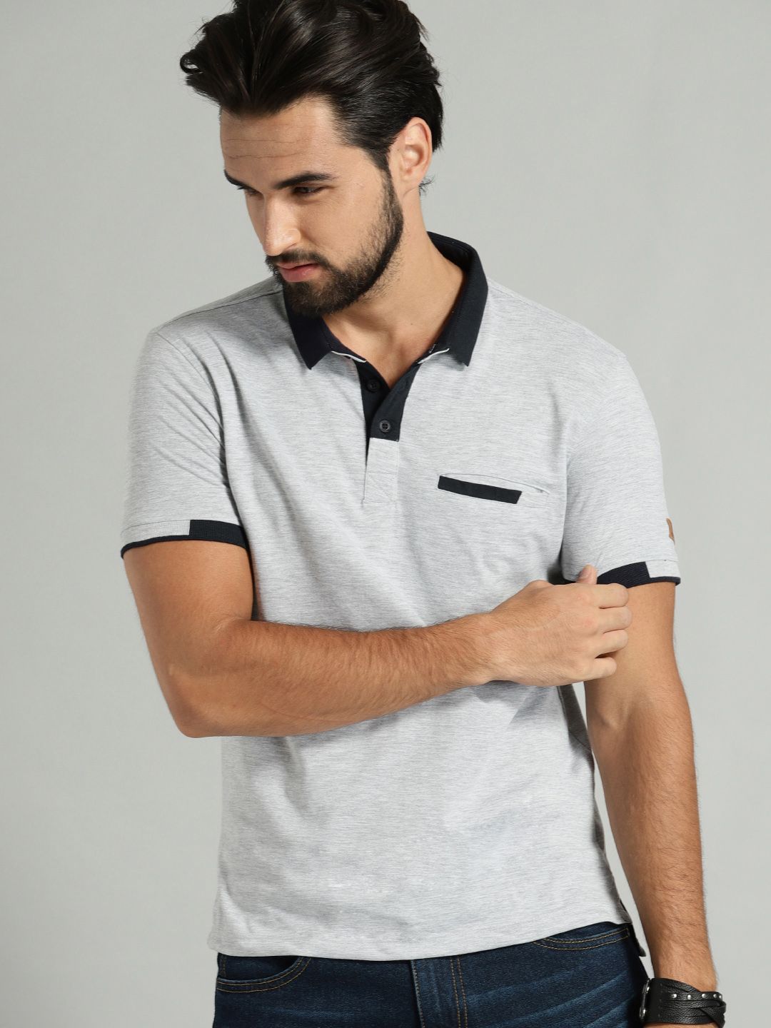 Roadster Men Grey Melange Solid Polo Collar T-shirt