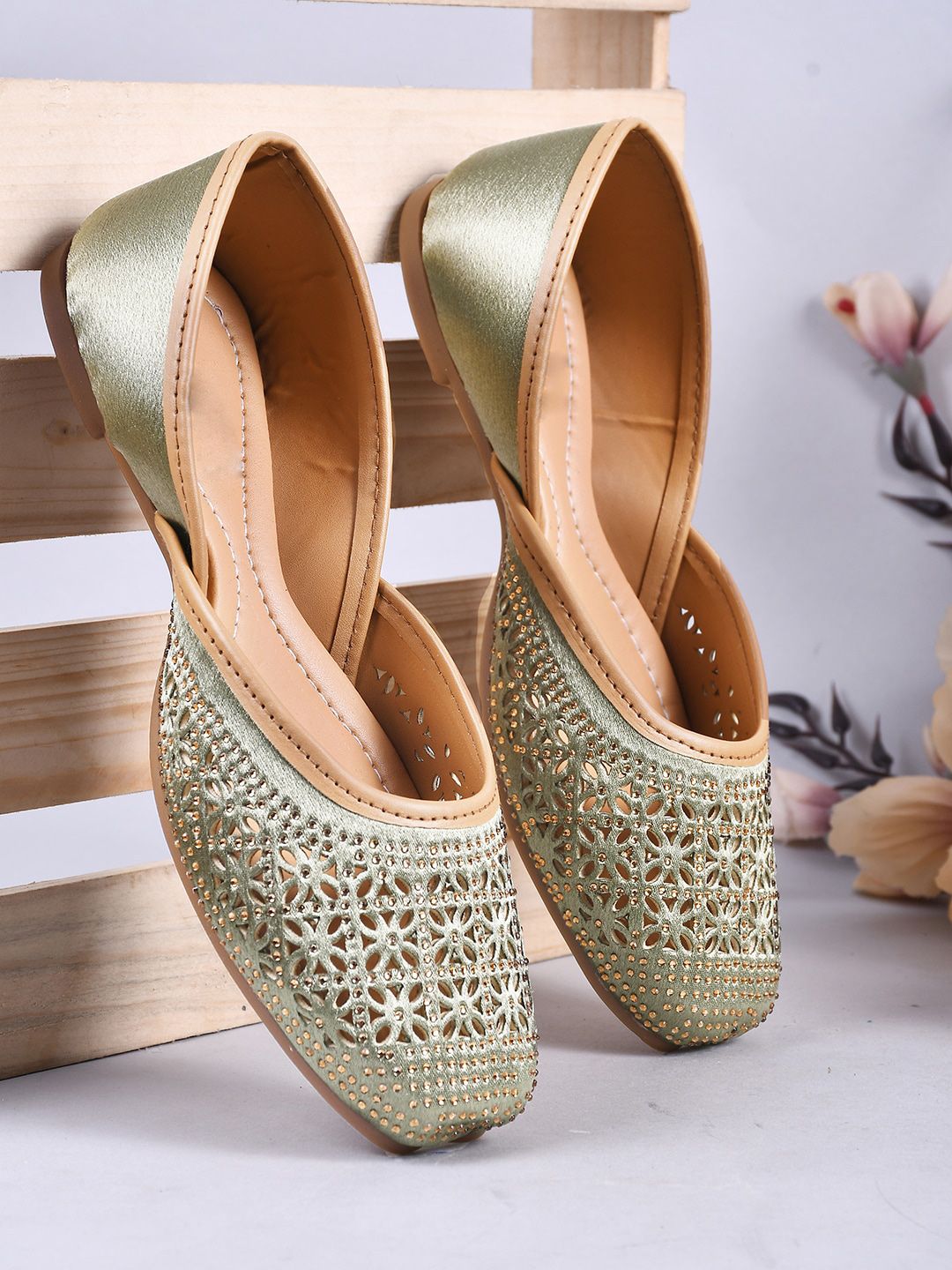 JM Looks Women Green Ballerinas with Laser Cuts Flats Price in India
