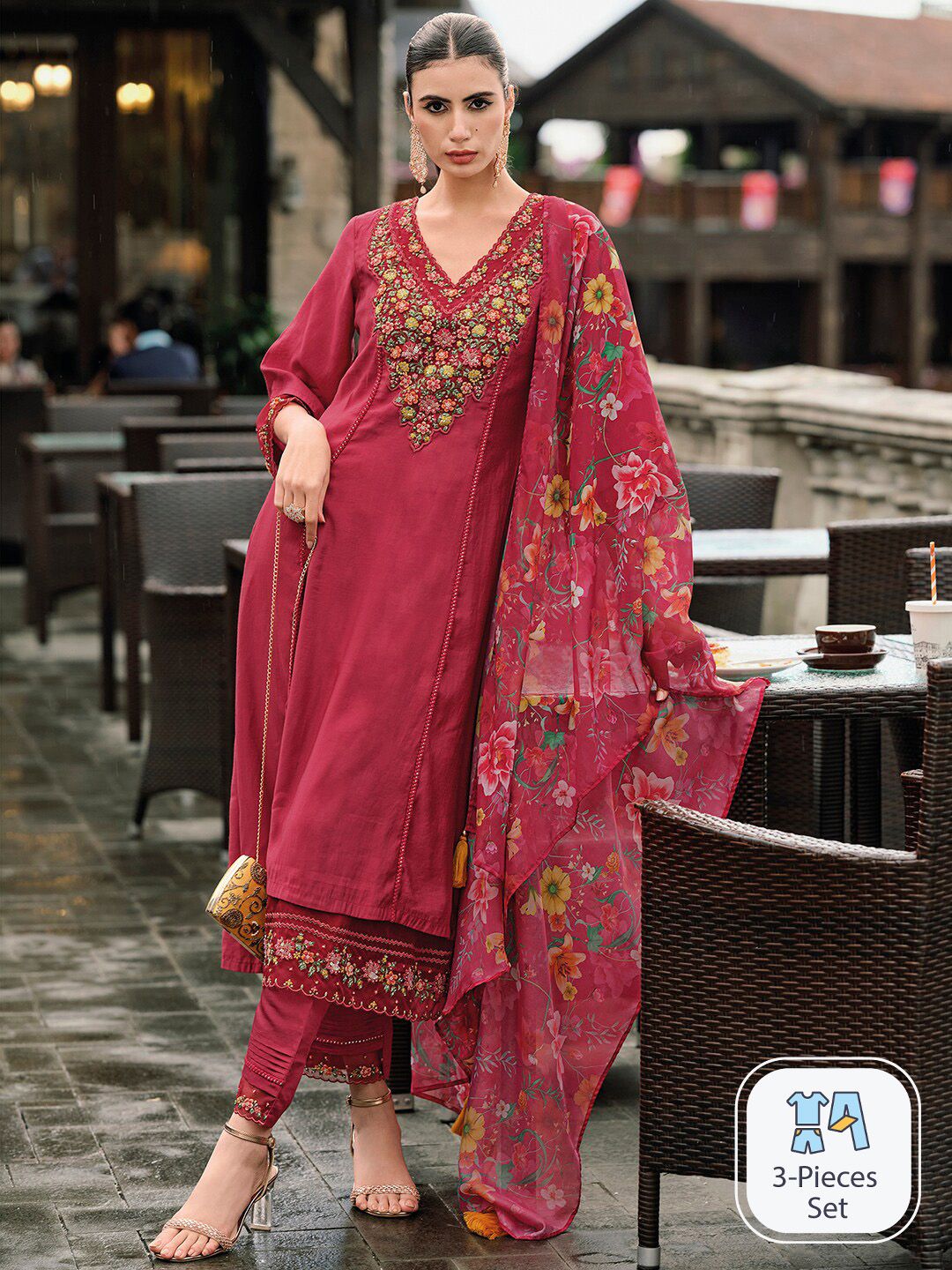 Indo Era Floral Embroidered Panelled Thread Work A-Line Kurta With Trousers & Dupatta Price in India