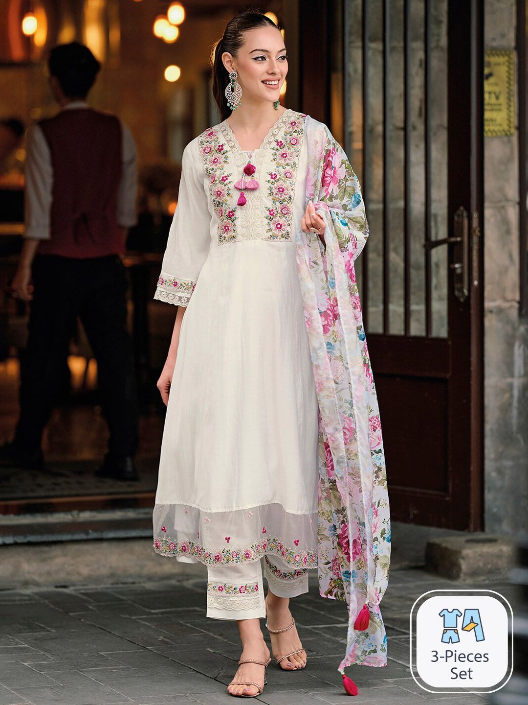Indo Era Floral Embroidered Thread Work A-Line Kurta With Trousers & Dupatta Price in India