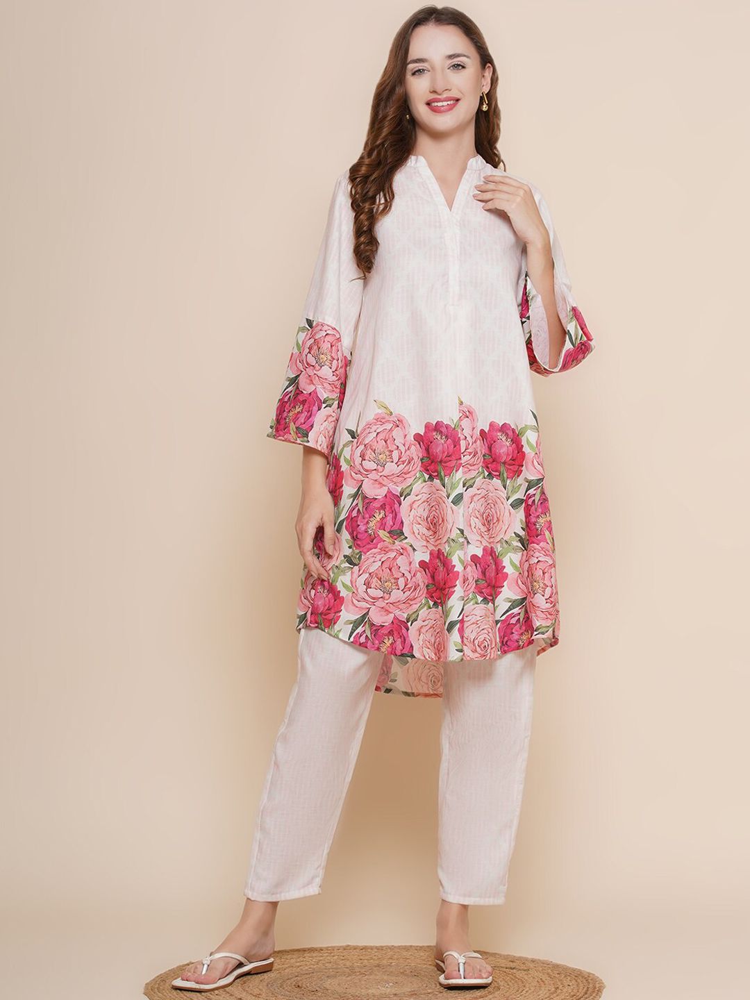 Bhama Couture Floral Printed Mandarin Collar A-Line Kurta with Palazzos Price in India