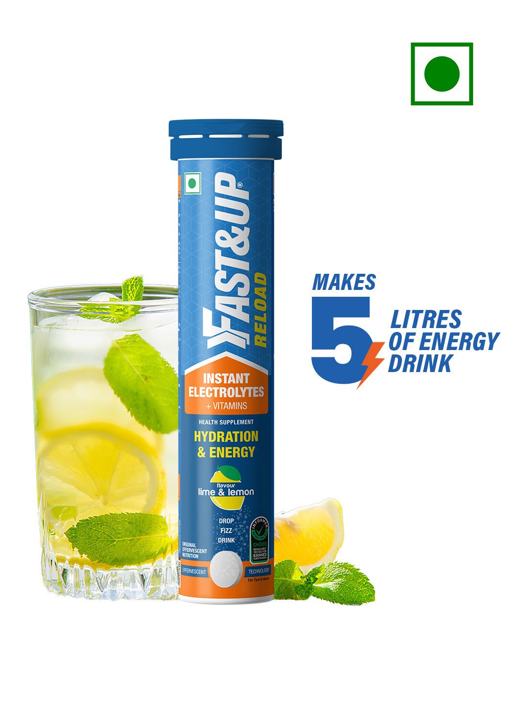 FAST&UP Reload Instant Electrolytes & Vitamin For Instant Hydration-Lime Lemon-20 Tablets