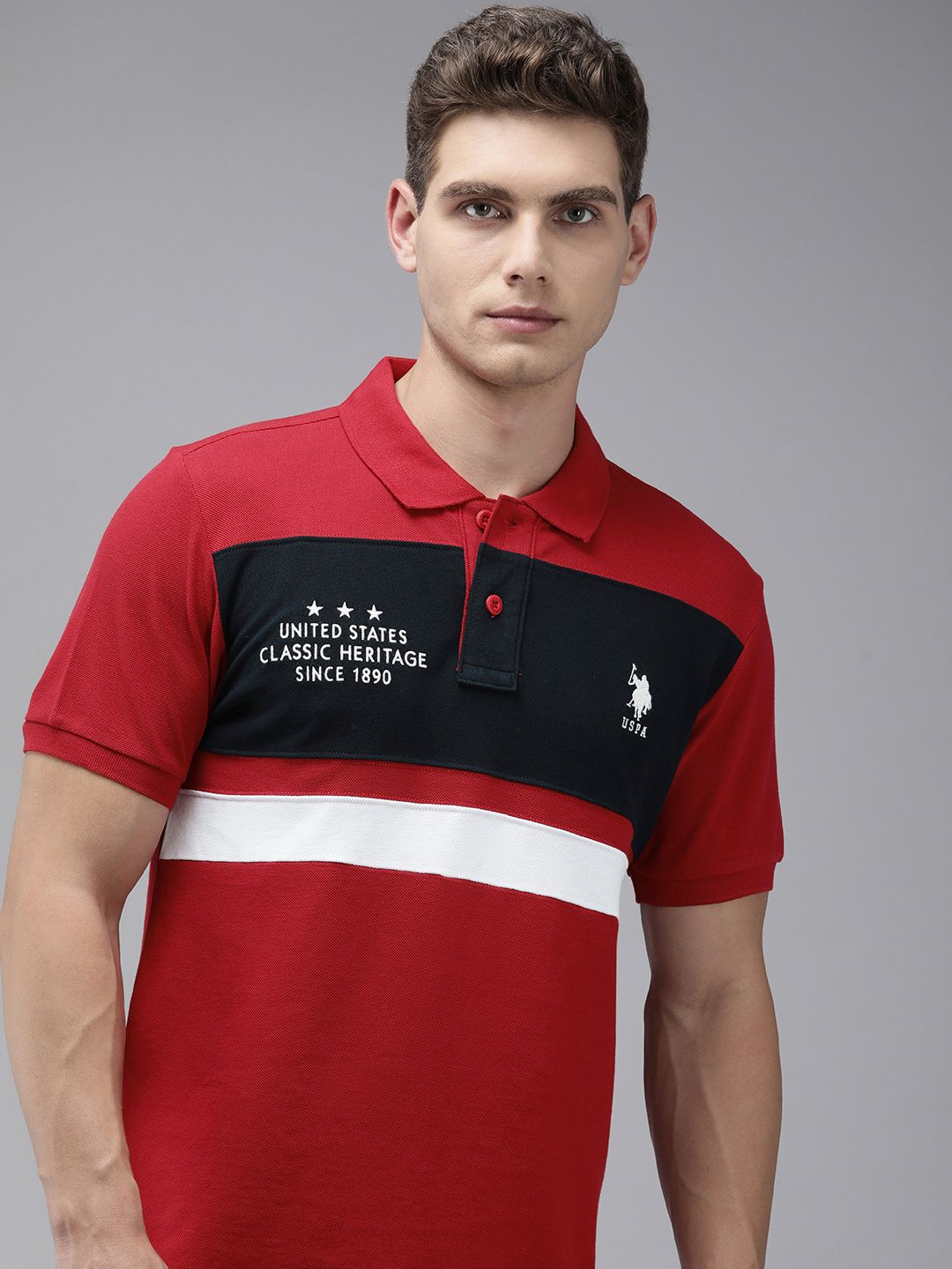 U.S. Polo Assn. Pure Cotton Slim Fit Colourblocked Polo Collar Casual T-shirt