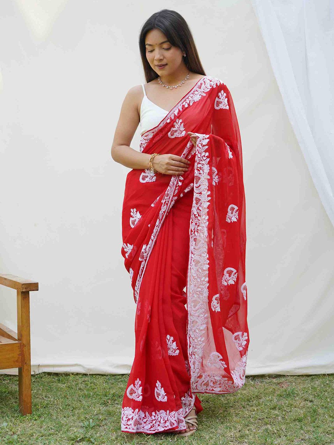 Mitera Red & White Floral Embroidered Pure Georgette Saree Price in India