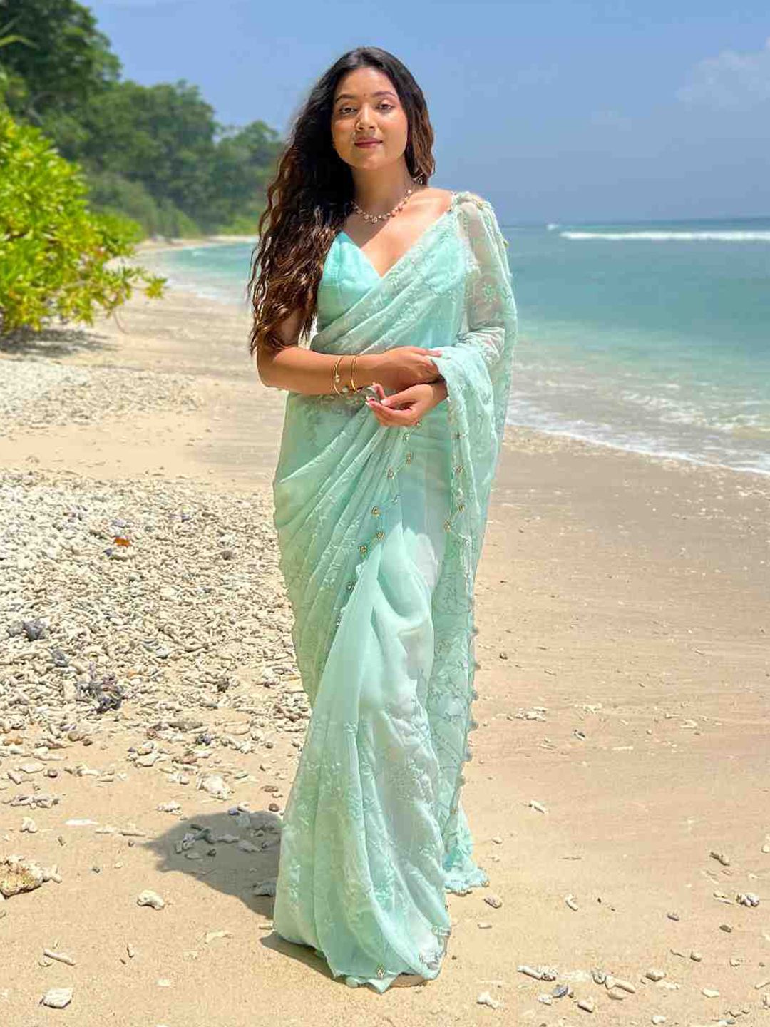 Mitera Turquoise Blue Floral Embroidered Beads And Stones Pure Georgette Saree