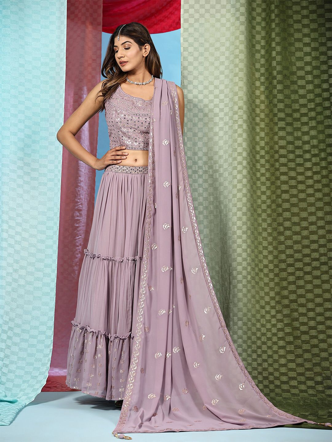JUST FASHION Purple & Gold-Toned Embroidered Mirror Work Ready to Wear Lehenga & Blouse With Dupatta