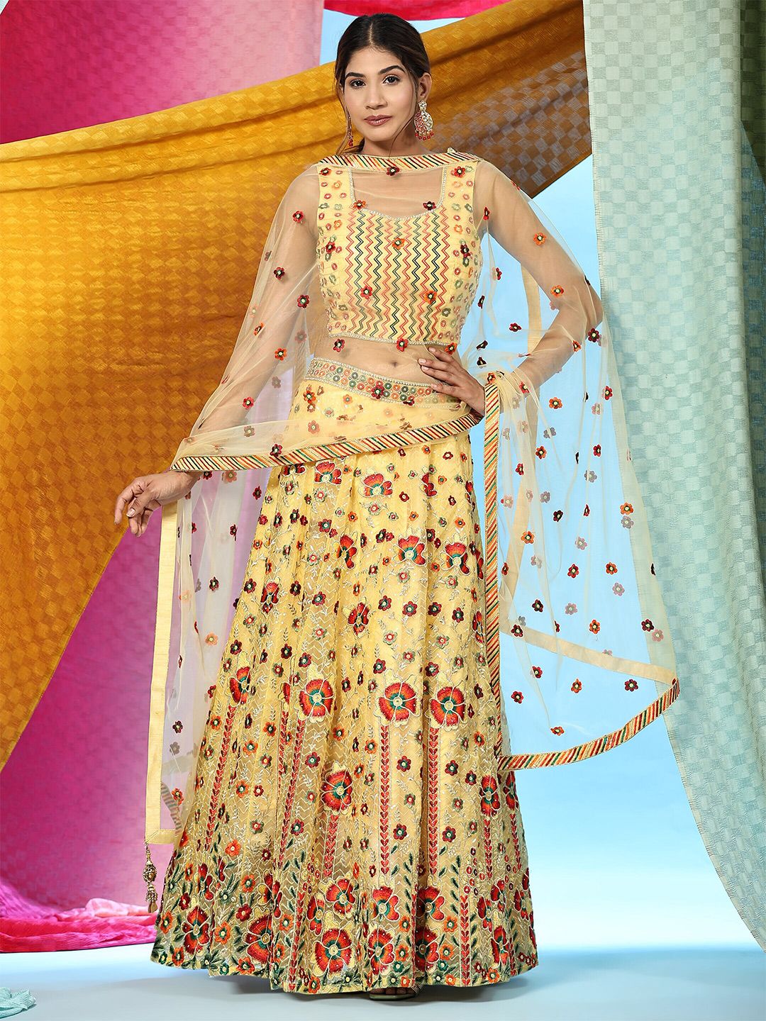 JUST FASHION Yellow & Red Embroidered Thread Work Ready to Wear Lehenga & Blouse With Dupatta