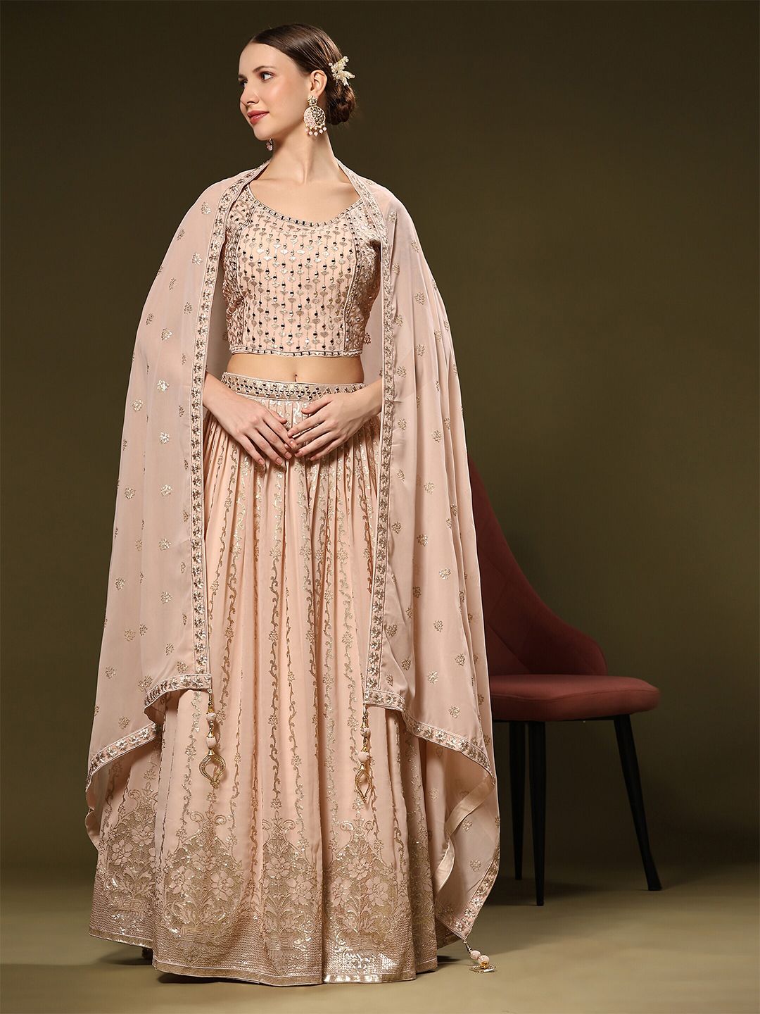 JUST FASHION Peach-Coloured & Gold-Toned Embellished Sequinned Ready to Wear Lehenga & Blouse With Dupatta