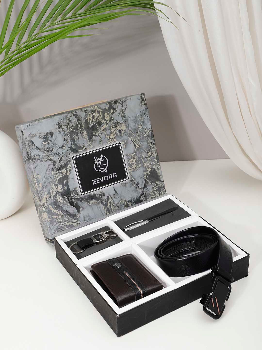 ZEVORA Men Leather Belt, Wallet, Keychain and Pen Gift Set