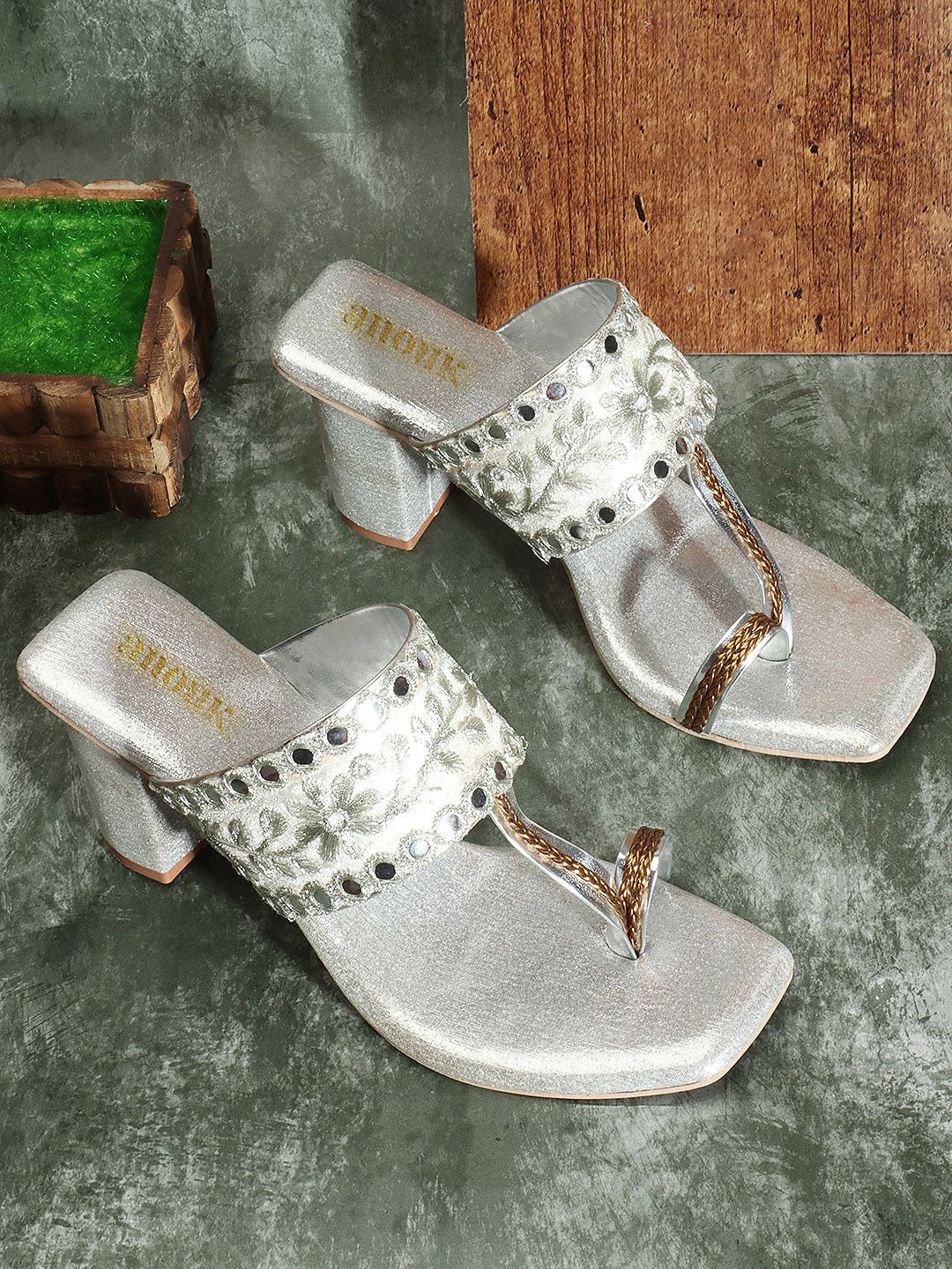 Anouk Silver-Toned Embroidered Ethnic Block Heels