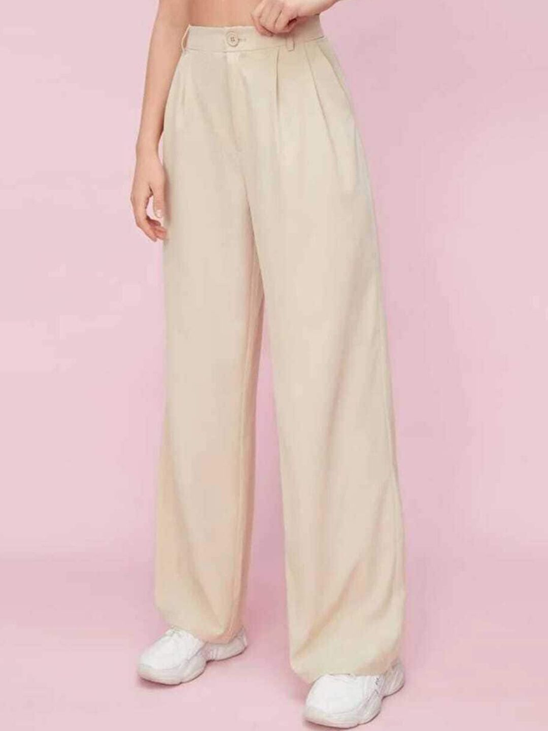 BROADSTAR Women Smart Loose Fit High-Rise Easy Wash Pleated Cotton Parallel Trousers Price in India