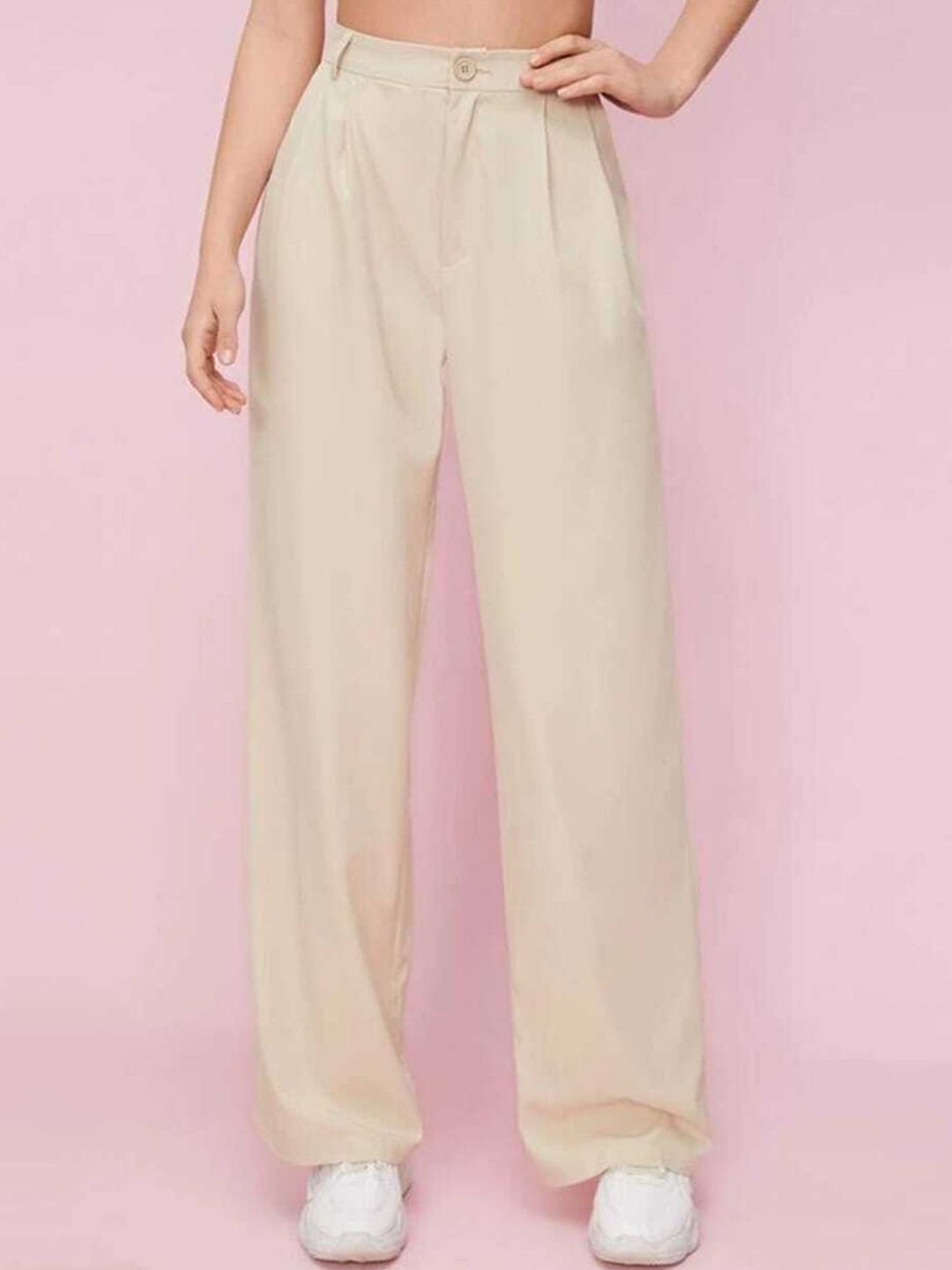 Next One Women Beige Smart Loose Fit High-Rise Easy Wash Pleated Trousers Price in India