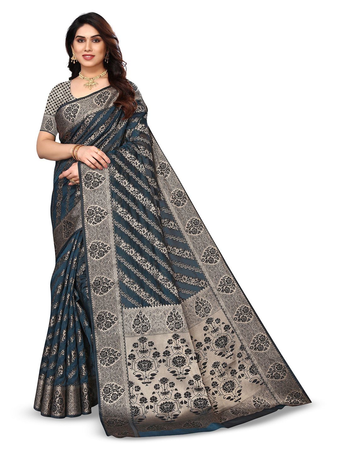 Varanga Teal & Gold-Toned Ethnic Motifs Woven Design Zari Organza Banarasi Saree