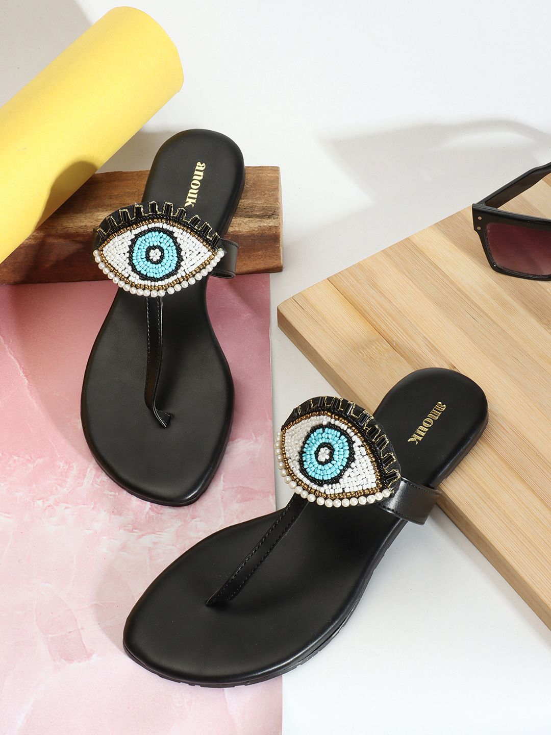 Anouk Black & Blue Evil Eye Embellished Classic T-Strap Flats Price in India