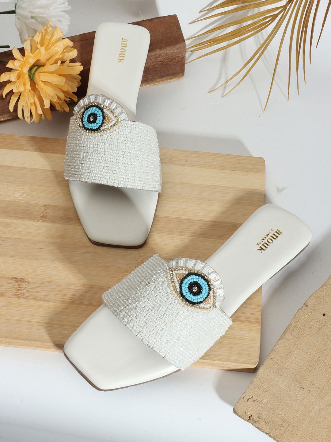 Anouk White & Blue Evil Eye Embellished Classic Open Toe Flats Price in India