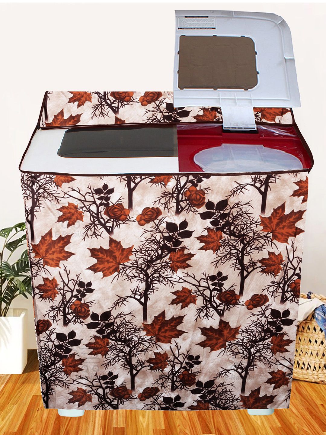 E-Retailer Beige & Brown Printed Semi Automatic Washing Machine Cover