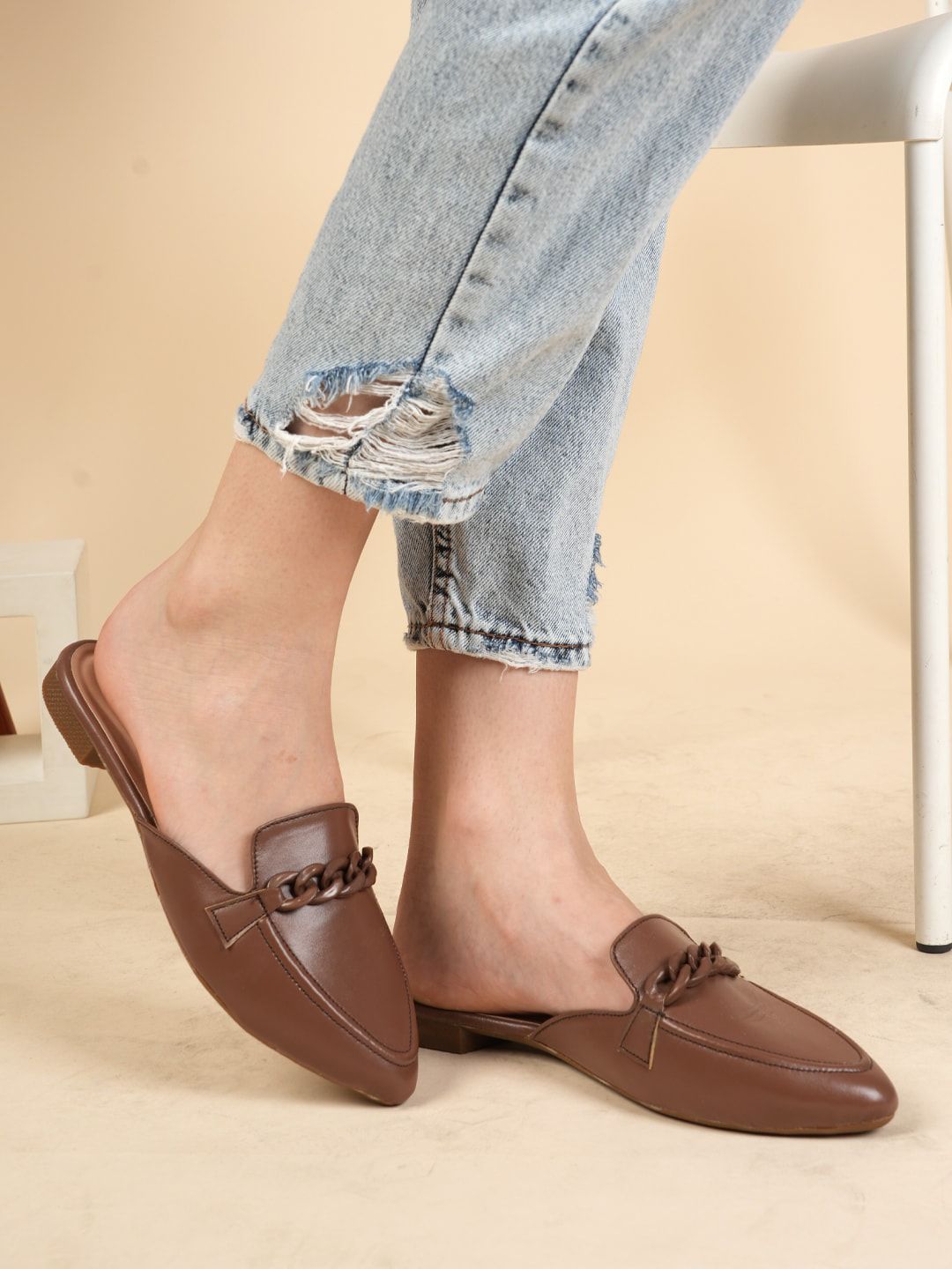 DressBerry Brown Chain Embellished Pointed Toe Mules Price in India