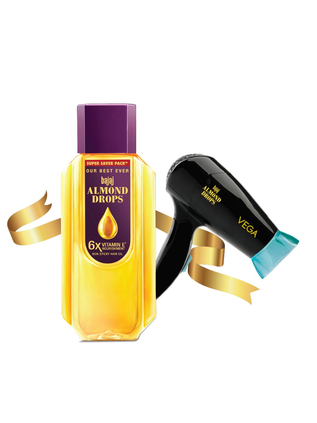 BAJAJ CONSUMER CARE Almond Drops Hair Oil 650 ml & Vega 1000W Hair Dryer