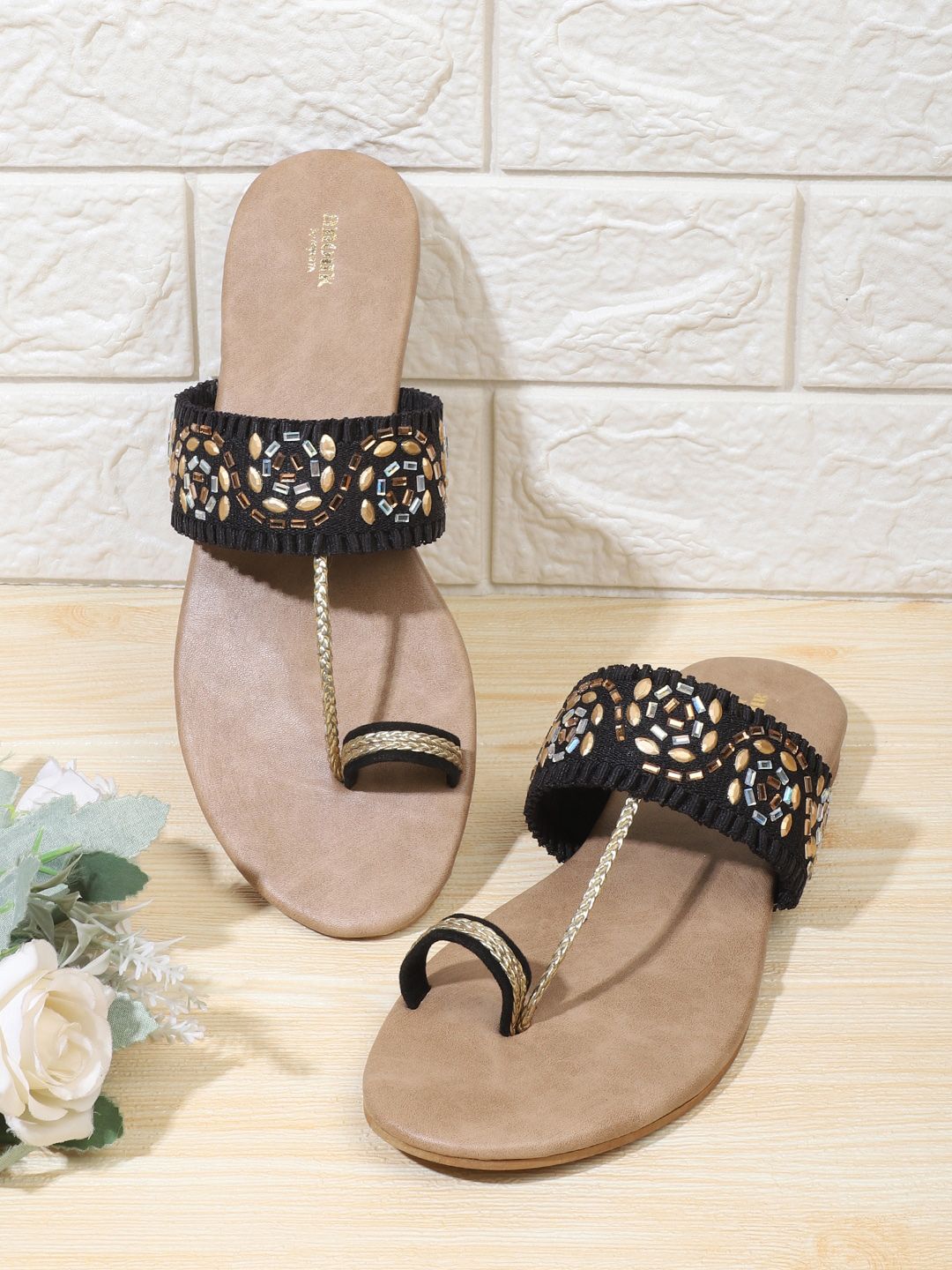 Anouk Black Embellished Suede Ethnic One Toe Flats Price in India