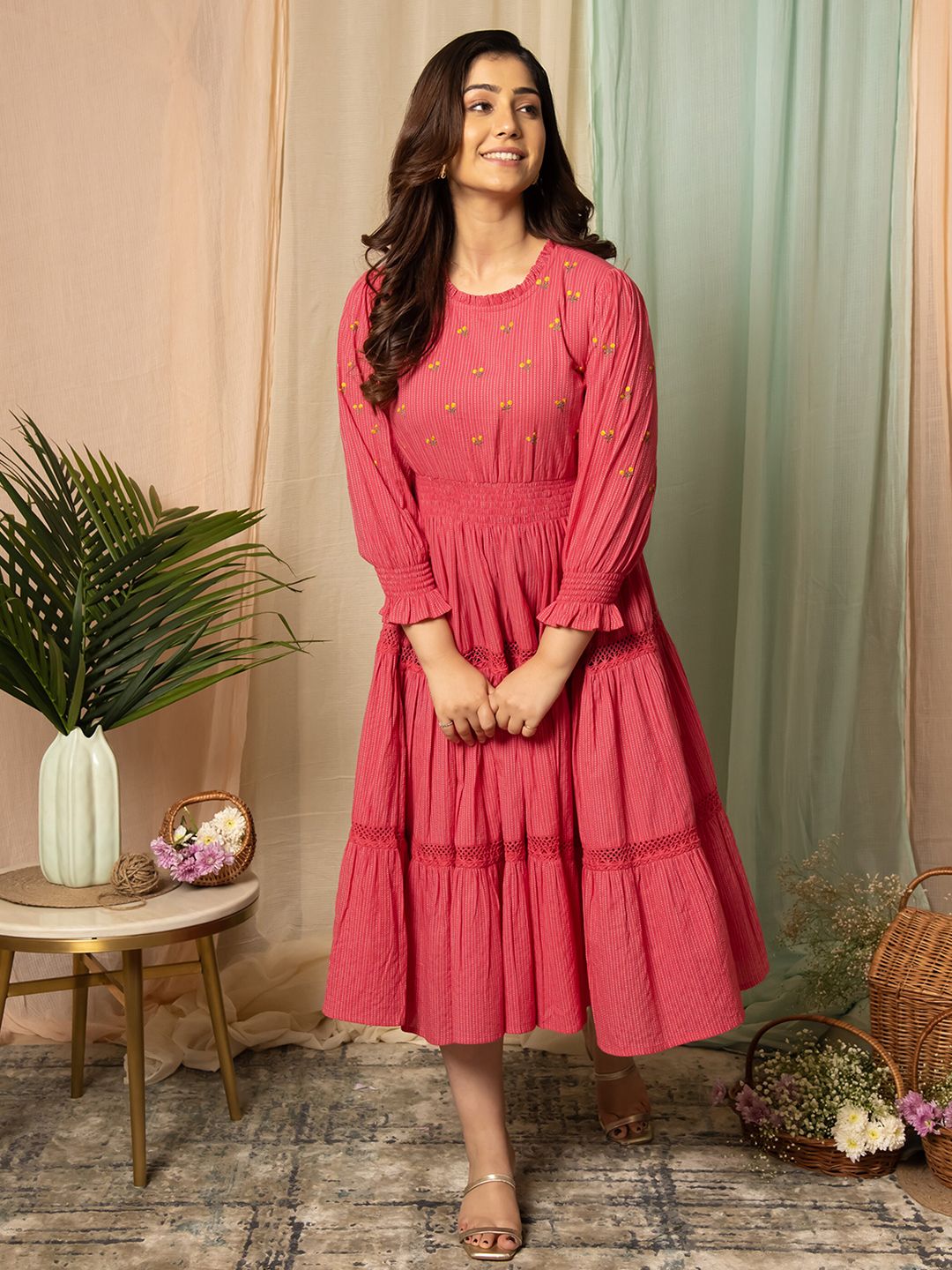 Aaheli Floral Embroidered Cotton Fit & Flare Midi Dress Price in India