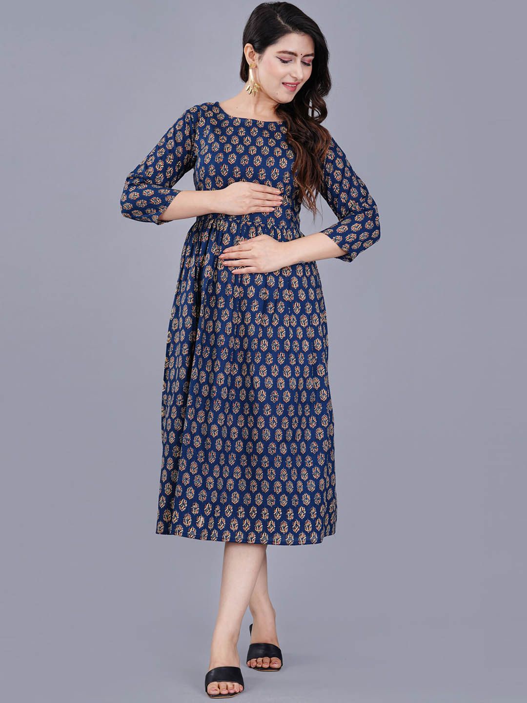 TREND ME Women Blue Geometric Printed Flared Sleeves Thread Work Maternity Anarkali Kurta Price in India