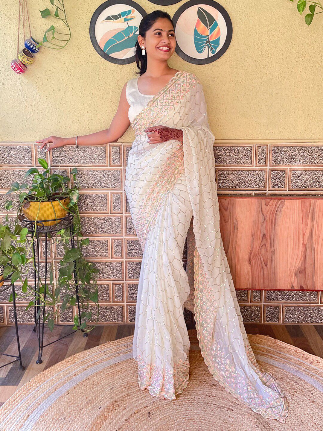 Mitera Off White Embellished Sequined Saree Price in India