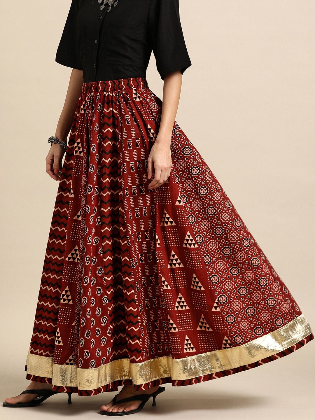 Anayna Women Printed A-Line Flared Cotton Maxi Skirt